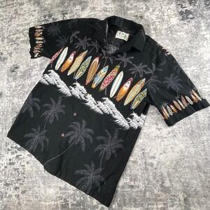 Vtg Ky's Men L Hawaiian Camp Shirt Surfboard Waves Palm Trees Black Cotton